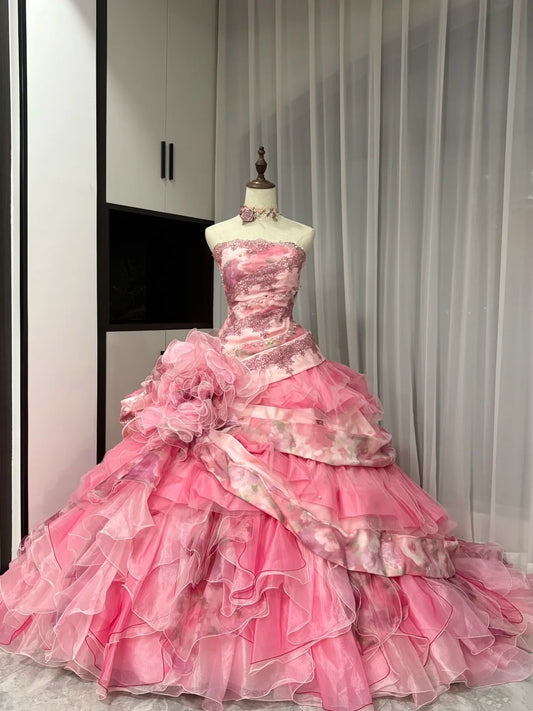 Rosa Blumen Perlen Langes Tüll Ballkleid 16. Geburtstagskleid Quinceanera Kleid gh4736