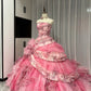Rosa Blumen Perlen Langes Tüll Ballkleid 16. Geburtstagskleid Quinceanera Kleid gh4736