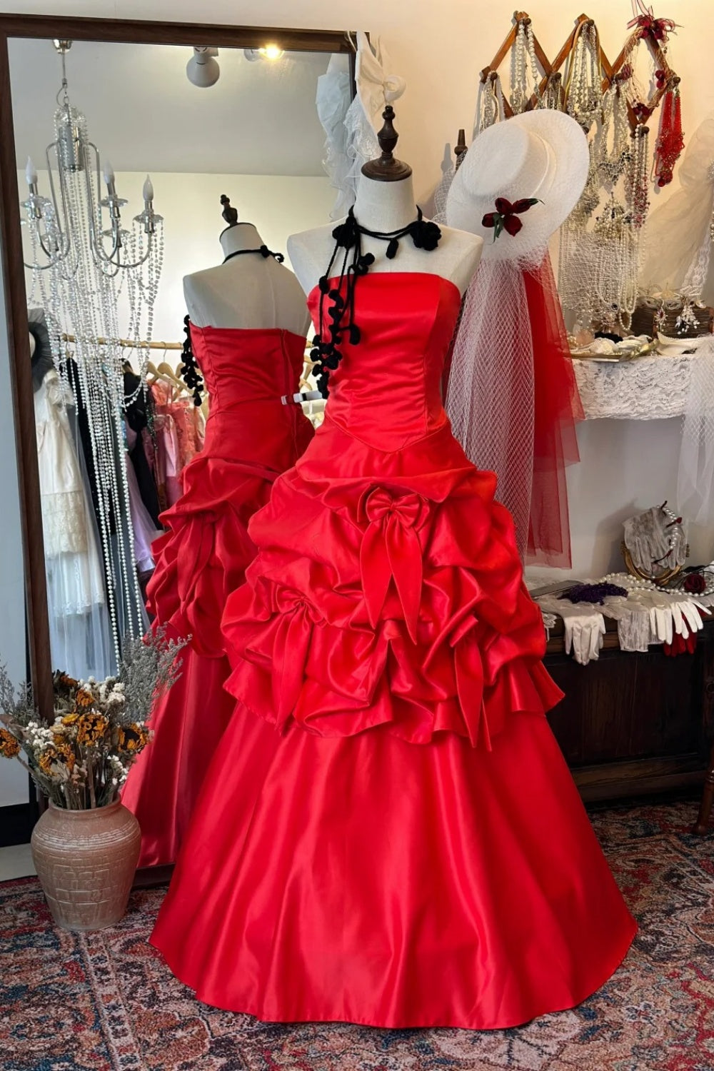 Rotes Retro-Kleid: Satin-Taille, ausgestellter Rock, hochwertiges Partykleid gh6577