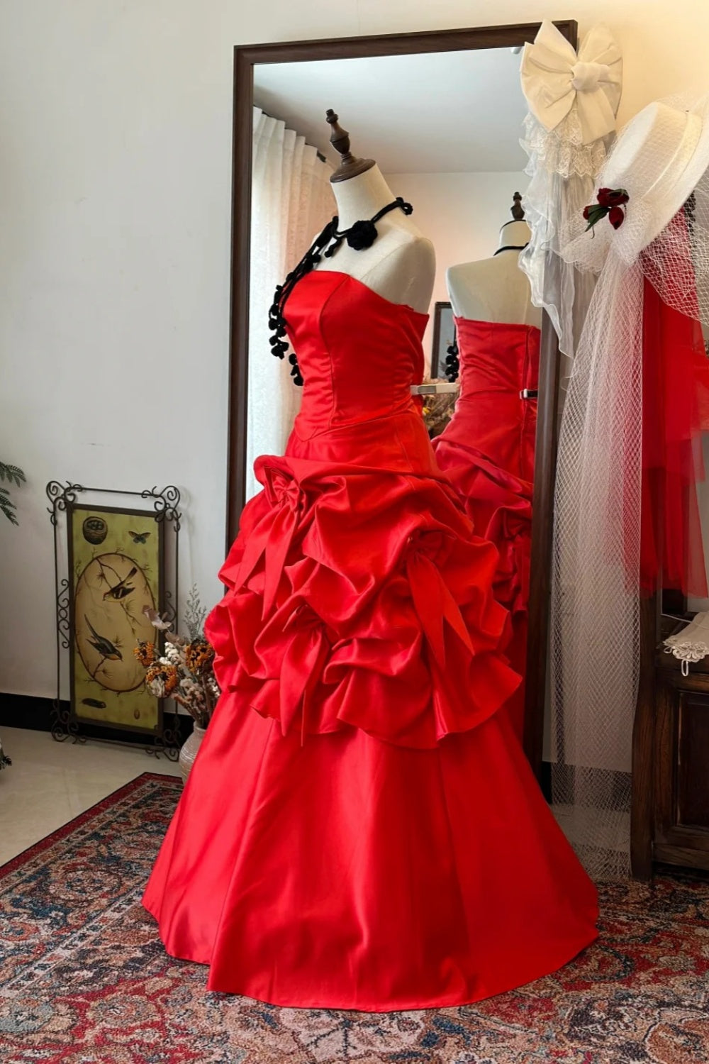 Rotes Retro-Kleid: Satin-Taille, ausgestellter Rock, hochwertiges Partykleid gh6577