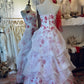 Robe de bal bandeau rouge et blanche à fleurs : décoration florale 3D, jupe à volants, robe rétro pour tea party gh6575