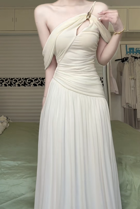 Cream Yellow Asymmetrical One‑Shoulder Chiffon Long Evening Gown, Cutout Bodice Ruched Waist A‑Line Formal Prom Dress gh9005