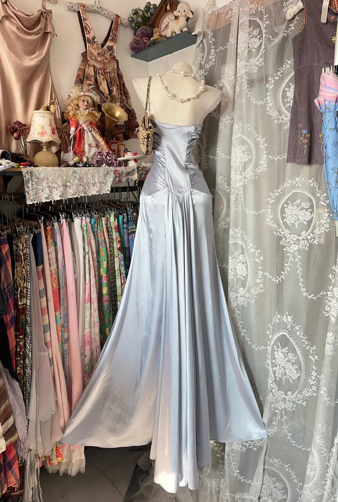 Satin Silver Gray Blue Strapless Elegant Full Skirt Prom Dress, Formal Evening Gown gh7210