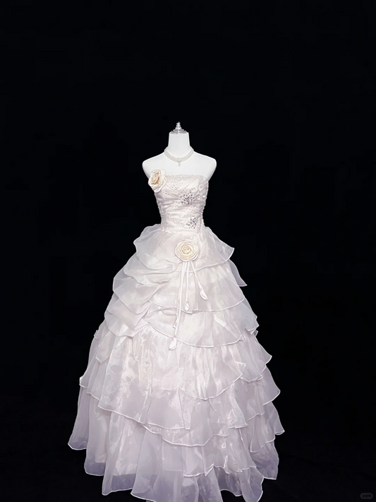 Blush Pink Strapless with Rose Florals, Cinched Waist, Voluminous Tiered Skirt Long Romantic Dress, Wedding Gown gh8069