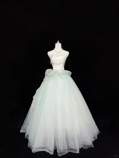 Light Green Spaghetti Strap Cinched Waist Voluminous Skirt Long Romantic Dress, Wedding Gown gh7885