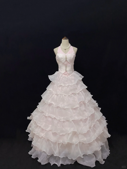 Blush Pink Halter Long Romantic Gown, Cinched Waist, Voluminous Tiered Cake Skirt, Wedding Dress & Bridal Gown gh8153