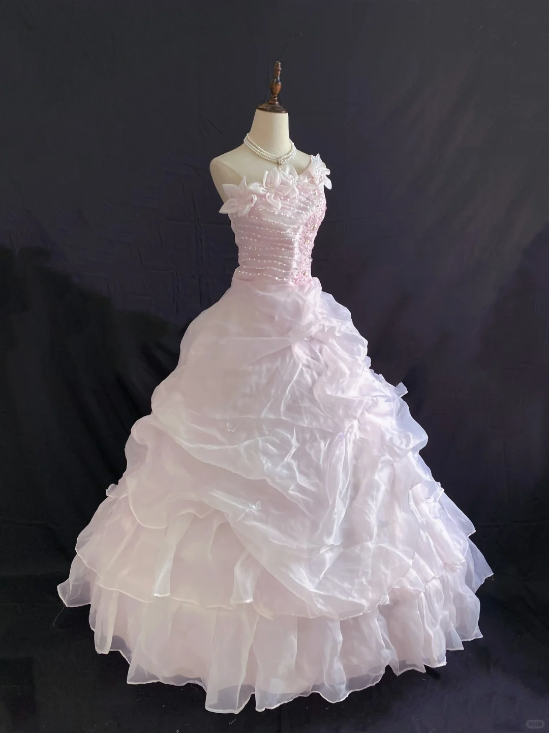 Blush pink one-shoulder romantic gown adorned with floral details, fitted waist and voluminous princess skirt, wedding dress & bridal gown gh8238