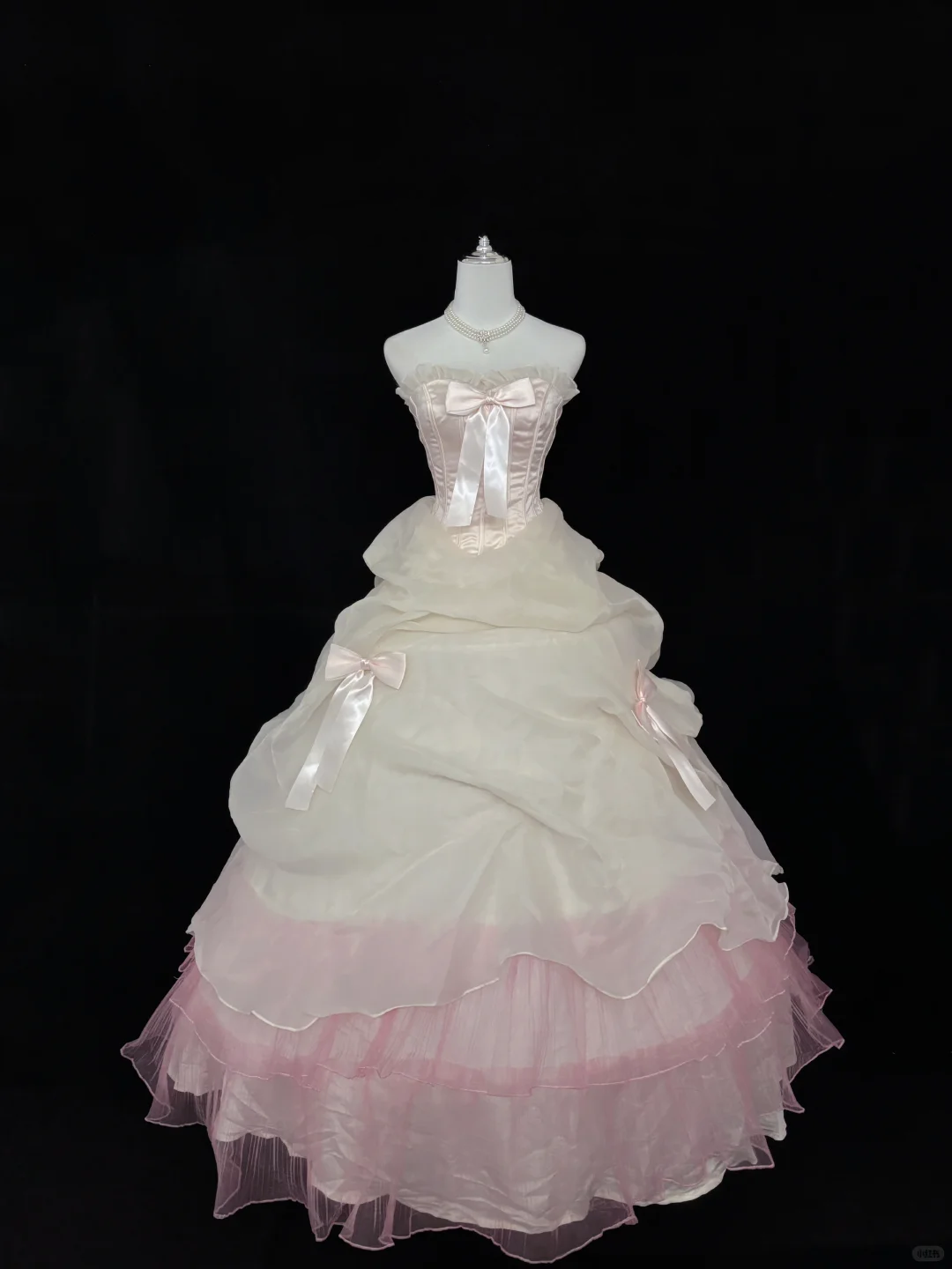Blush Pink Bow Strapless Cinched Waist Voluminous Layered Princess Skirt Long Romantic Dress, Wedding Gown gh7973