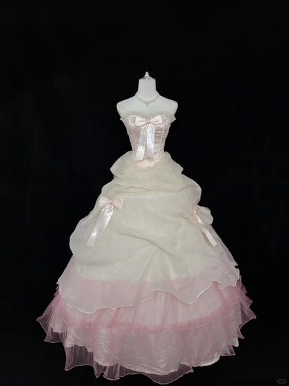 Blush Pink Bow Strapless Cinched Waist Voluminous Layered Princess Skirt Long Romantic Dress, Wedding Gown gh7973