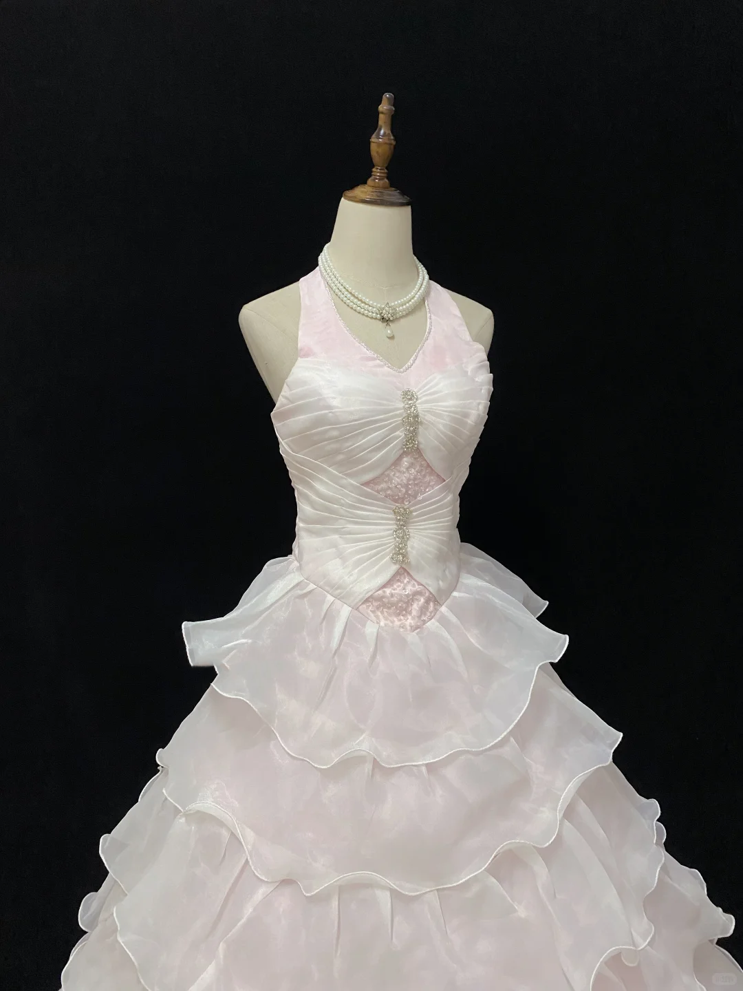 Blush Pink Halter Long Romantic Gown, Cinched Waist, Voluminous Tiered Cake Skirt, Wedding Dress & Bridal Gown gh8153