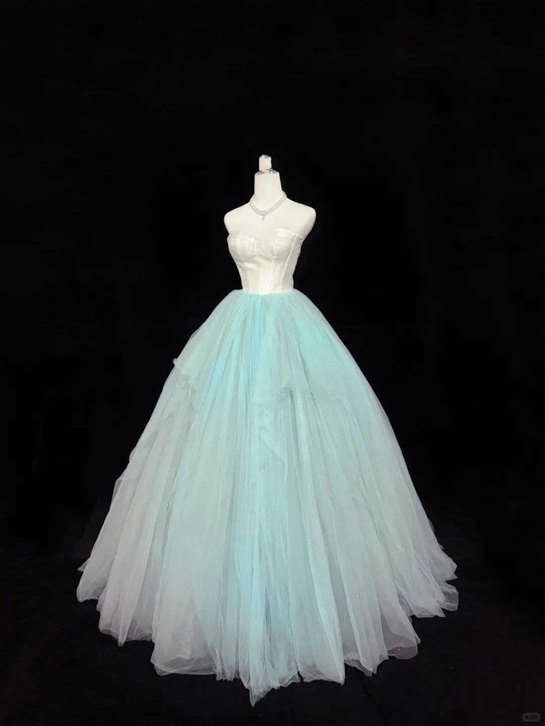 White Satin Strapless Cinched Waist Mint Green Voluminous Skirt Long Romantic Dress, Wedding Gown gh7933