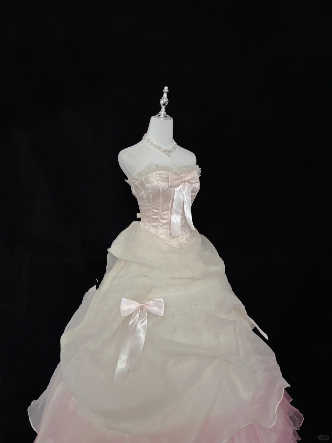 Blush Pink Bow Strapless Cinched Waist Voluminous Layered Princess Skirt Long Romantic Dress, Wedding Gown gh7973