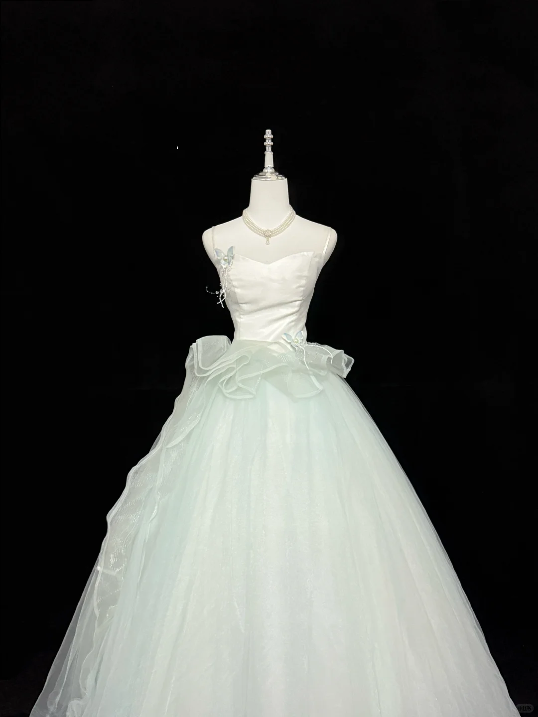 Light Green Spaghetti Strap Cinched Waist Voluminous Skirt Long Romantic Dress, Wedding Gown gh7885