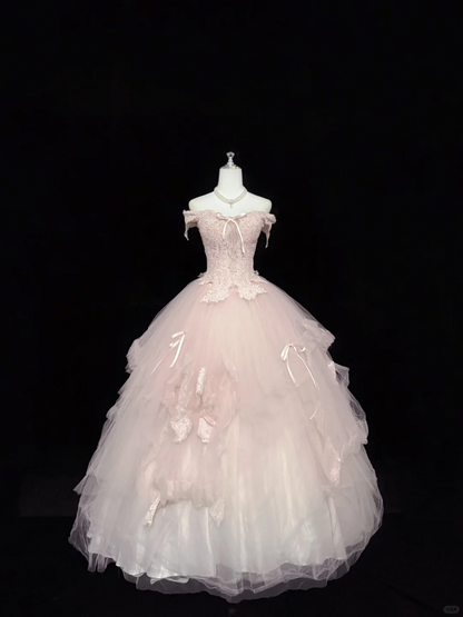 Blush Pink Strapless Embroidered Cinched Waist Voluminous Tulle Skirt Long Romantic Dress, Wedding Gown gh7848