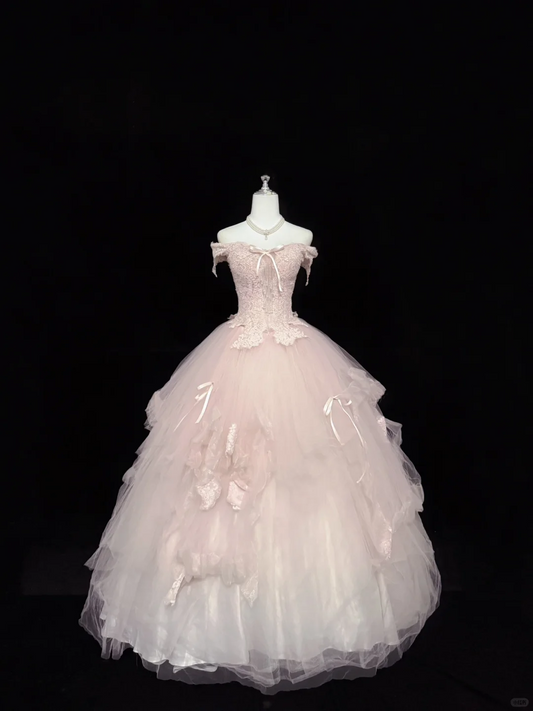 Blush Pink Strapless Embroidered Cinched Waist Voluminous Tulle Skirt Long Romantic Dress, Wedding Gown gh7848