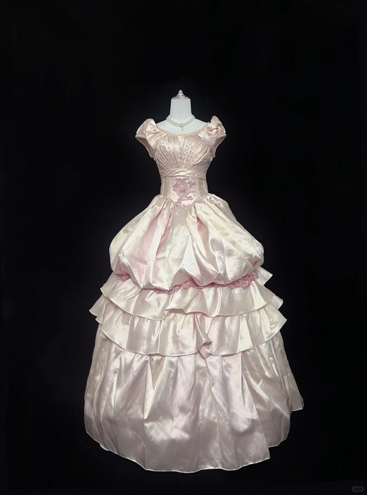 Blush Pink Vintage Royal Style Cinched Waist Voluminous Elegant Skirt Luxury Long Romantic Dress, Wedding Gown gh8019