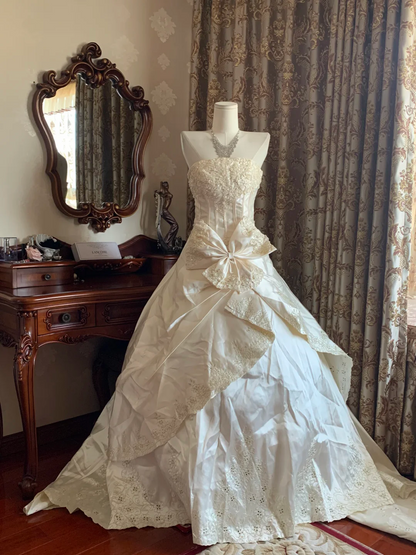 Ivory Strapless Waist-Cinched Voluminous Skirt Prom Dress, Evening Gown, Wedding Dress, Graduation Gown gh7254