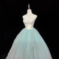 White Satin Strapless Cinched Waist Mint Green Voluminous Skirt Long Romantic Dress, Wedding Gown gh7933