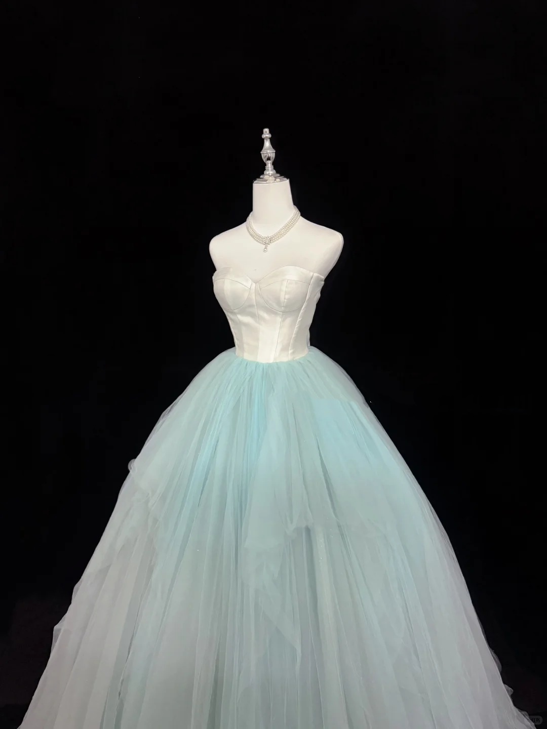 White Satin Strapless Cinched Waist Mint Green Voluminous Skirt Long Romantic Dress, Wedding Gown gh7933