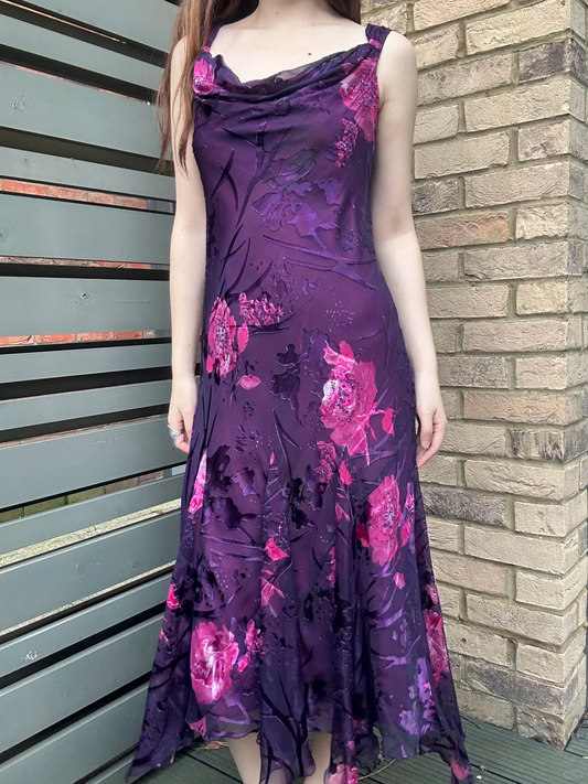 Purple Vintage Printed Cowl Neck Fitted Waist Slim Long Prom & Evening Party Dress gh8441