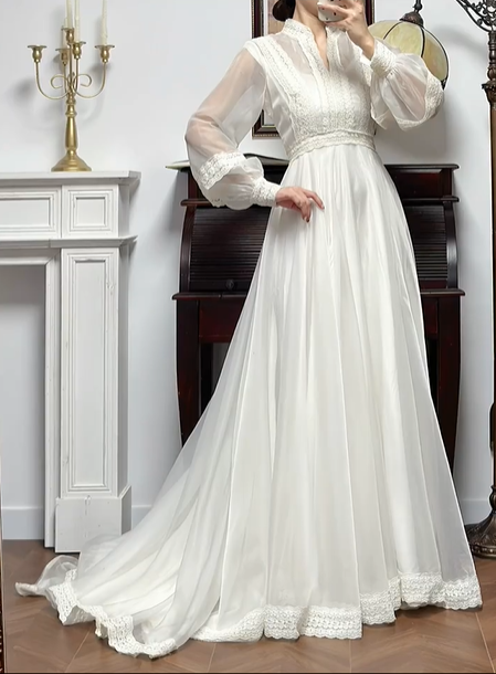 Ivory Vintage Stand‑Collar Bishop‑Sleeve Lace‑Appliqué Empire‑Waist A‑Line Short Train Wedding Dress gh8781