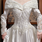 White Vintage Satin Wedding Gown, Off‑the‑Shoulder Fold‑Over V‑Neck, Long Satin Sleeves With Lace Cuffs, Exquisite Lace Appliqué Waist, A‑Line Satin Long Train With Scalloped Lace Hem, Prom Dress gh8652