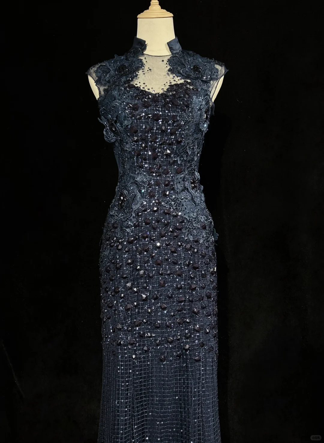 High Neck Navy Blue Mermaid Evening Gown Sleeveless Mesh 3D Floral Lace Sequined Formal Dress for Prom gh9537