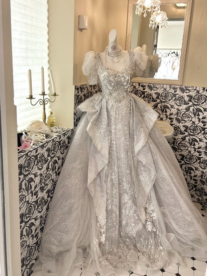 Silver Gray Puff Sleeve Waist-Cinched Voluminous Princess Skirt Long Romantic Dress, Wedding Gown gh7705