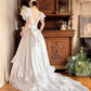 White Satin Vintage V‑Neck Ruffle Puff Short Sleeve Lace Applique Fitted Waist Tiered Ruffle Skirt Prom Gown, Wedding Dress gh8610