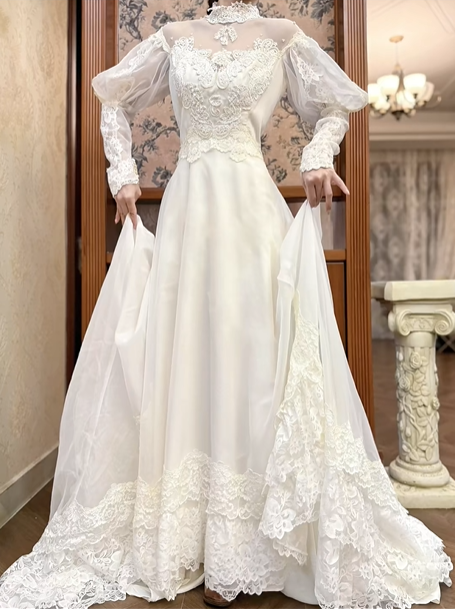 Ivory Vintage Wedding Gown, Illusion High Neck, Lace Appliqué Puff Long Sleeves, Lace Empire Waist, Flowy Full‑Length Skirt, Multi‑Layer Lace Hem, Long Lace Train, Bridal Prom Dress gh8729