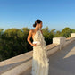 White Elegant Strap Ruffled Long Chiffon Prom Evening Dress Wedding Guest Dress gh3052