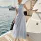 ✨Girlhomeshops-Light Ice Blue Pleated Floral Beaded Chiffon Midi Cheongsam Qipao gh10438