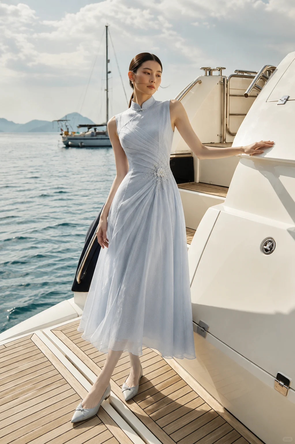 ✨Girlhomeshops-Light Ice Blue Pleated Floral Beaded Chiffon Midi Cheongsam Qipao gh10438