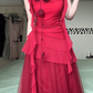 Burgundy Tulle Long Evening Gown, 3D Rose Floral Draped Ribbon A‑Line Formal Prom Dress gh9042
