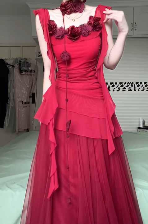 Burgundy Tulle Long Evening Gown, 3D Rose Floral Draped Ribbon A‑Line Formal Prom Dress gh9042