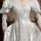White Vintage Satin Wedding Gown, High Neck Tassel Lace Collar, Off‑the‑Shoulder Puff Sleeves With Sheer Lace Long Sleeves, Sweetheart Neck, Heavy Lace Appliqués Fitted Bodice, A‑Line Satin Long Train With Scalloped Lace Hem, Prom Dress gh8663