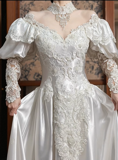 White Vintage Satin Wedding Gown, High Neck Tassel Lace Collar, Off‑the‑Shoulder Puff Sleeves With Sheer Lace Long Sleeves, Sweetheart Neck, Heavy Lace Appliqués Fitted Bodice, A‑Line Satin Long Train With Scalloped Lace Hem, Prom Dress gh8663
