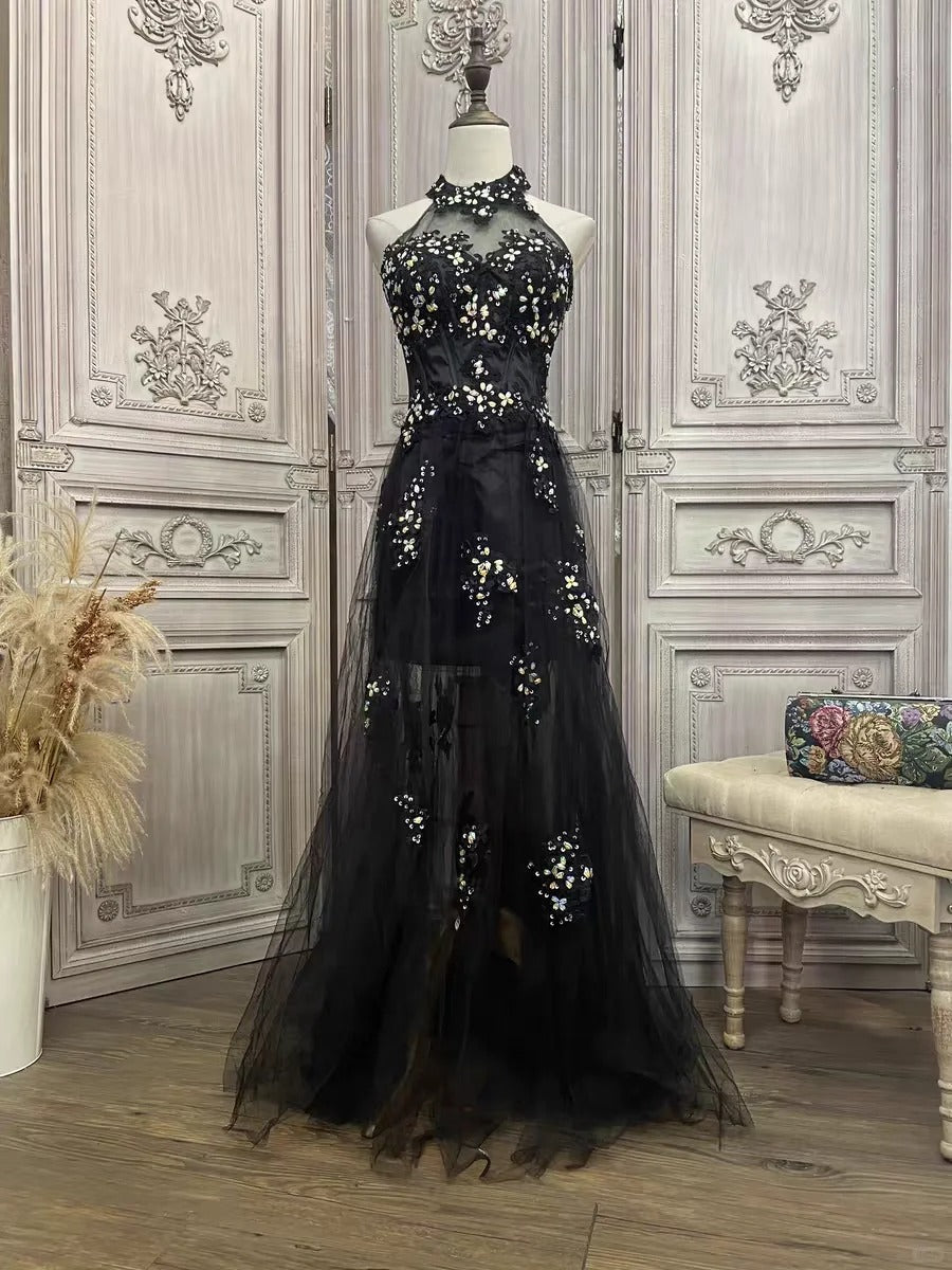 ✨Girlhomeshops - Robe de soirée longue en tulle à fleurs noires et strass gh4984