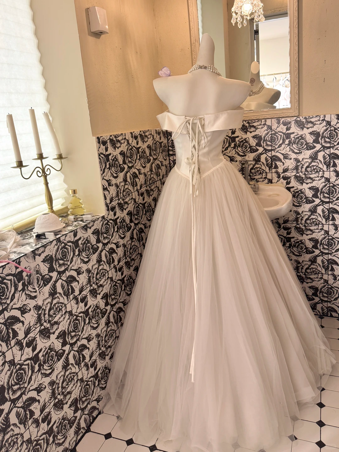 Ivory Off-the-Shoulder Minimalist Waist-Cinched Full Flared Skirt Long Romantic Dress, Wedding Gown gh7739