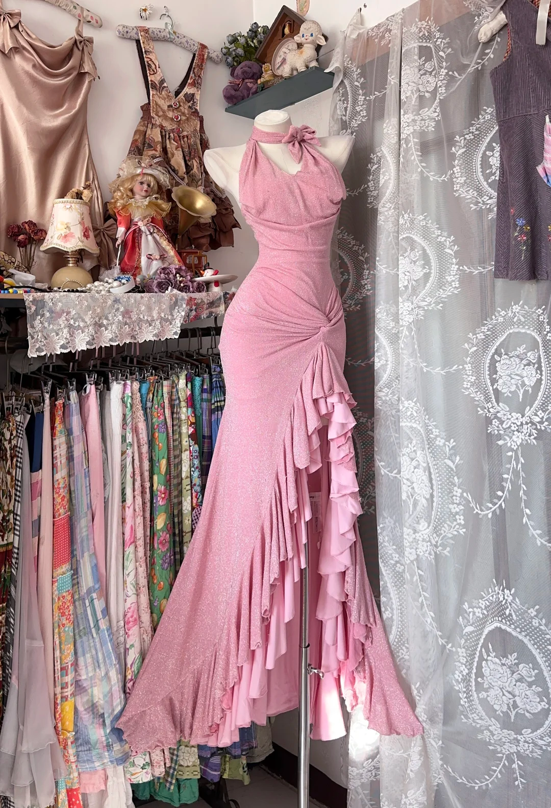 Light Pink Halter Fitted Waist High Split Formal Evening Prom Dress gh7211