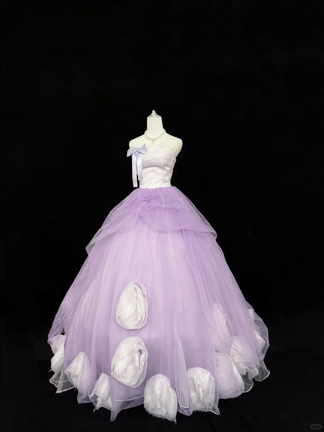 White Strapless Cinched Waist Lavender Voluminous Tulle Skirt Long Romantic Dress, Wedding Gown gh7849