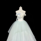 White Satin Strapless Cinched Waist Color Block Sage Green Voluminous Princess Skirt Romantic Dress, Wedding Gown gh7886
