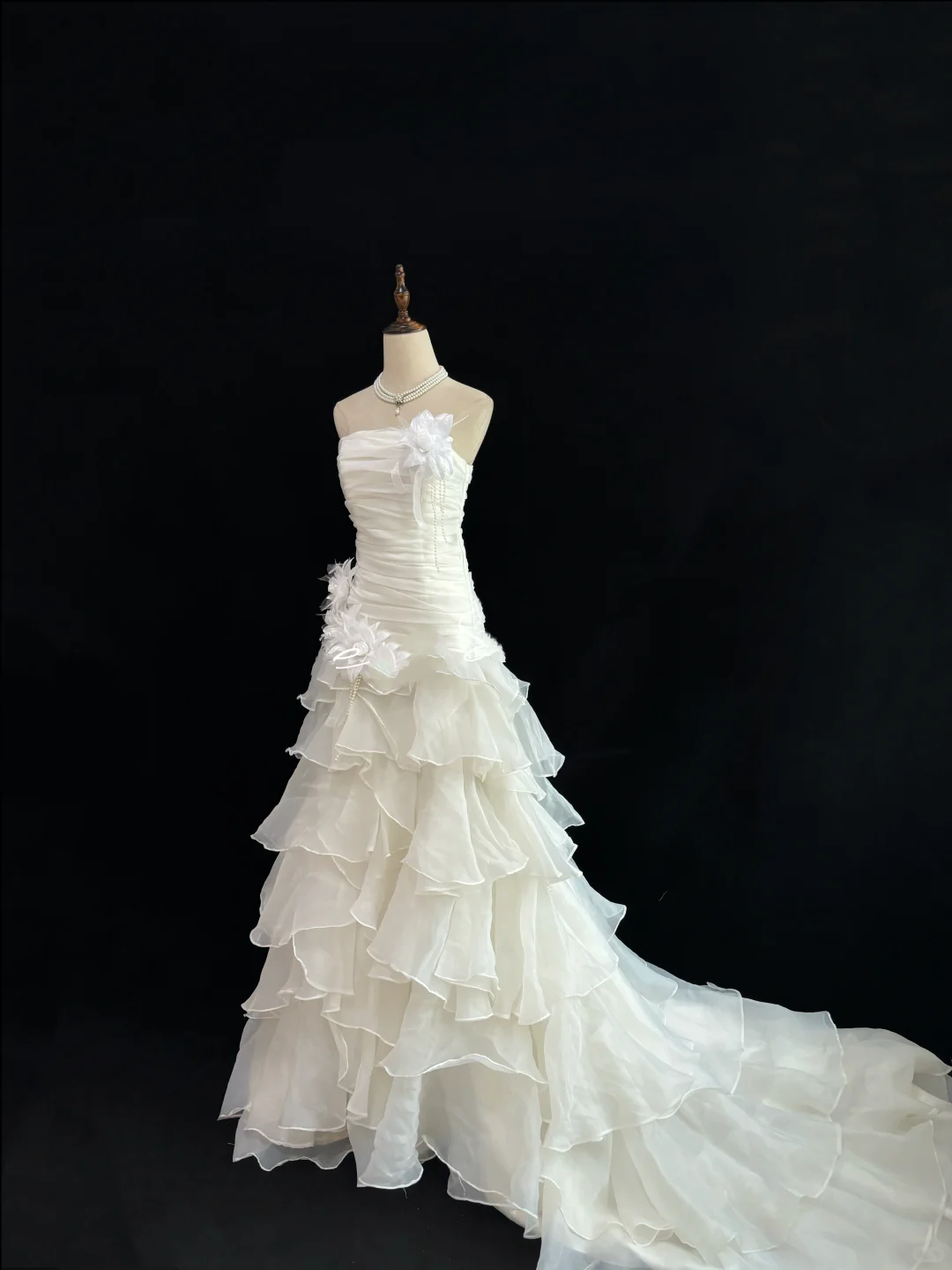Off White Strapless Cinched Waist Slim Fit Pleated Long Elegant Romantic Dress, Wedding Gown gh8020