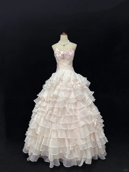 Blush Pink Strapless Cinched Waist Voluminous Tiered Skirt Long Romantic Dress, Wedding Gown gh7974