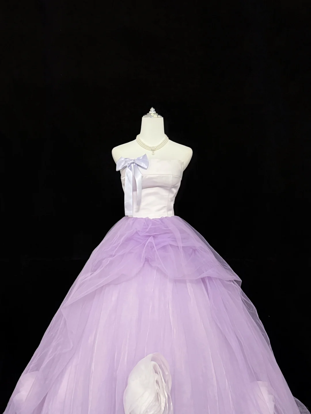 White Strapless Cinched Waist Lavender Voluminous Tulle Skirt Long Romantic Dress, Wedding Gown gh7849
