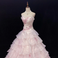 Light Pink Cute Lace Trim Strapless Romantic Gown, Rhinestone Embroidery, Cinched Waist, Voluminous Tiered Skirt, Wedding Dress & Bridal Gown gh8154