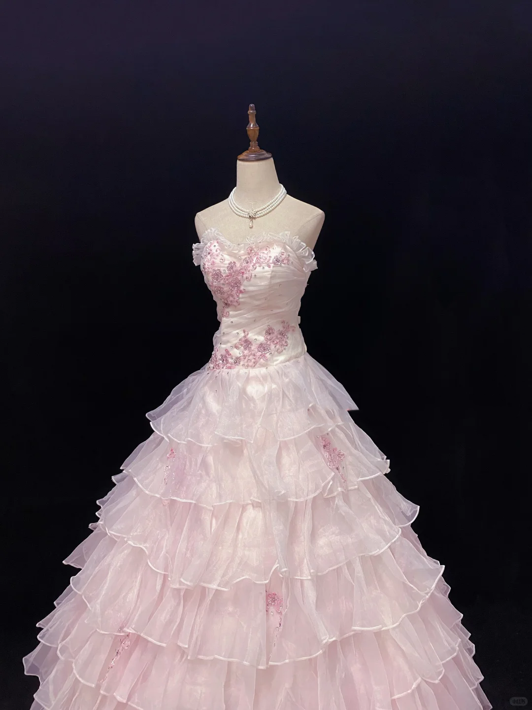 Light Pink Cute Lace Trim Strapless Romantic Gown, Rhinestone Embroidery, Cinched Waist, Voluminous Tiered Skirt, Wedding Dress & Bridal Gown gh8154