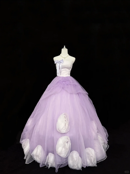 White Strapless Cinched Waist Lavender Voluminous Tulle Skirt Long Romantic Dress, Wedding Gown gh7849