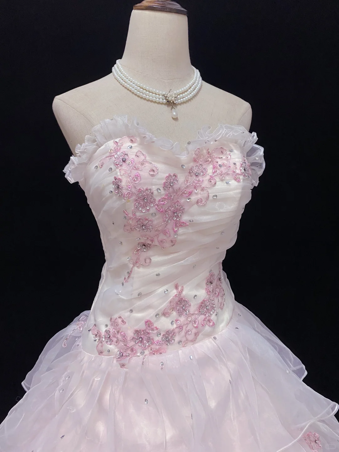 Light Pink Cute Lace Trim Strapless Romantic Gown, Rhinestone Embroidery, Cinched Waist, Voluminous Tiered Skirt, Wedding Dress & Bridal Gown gh8154