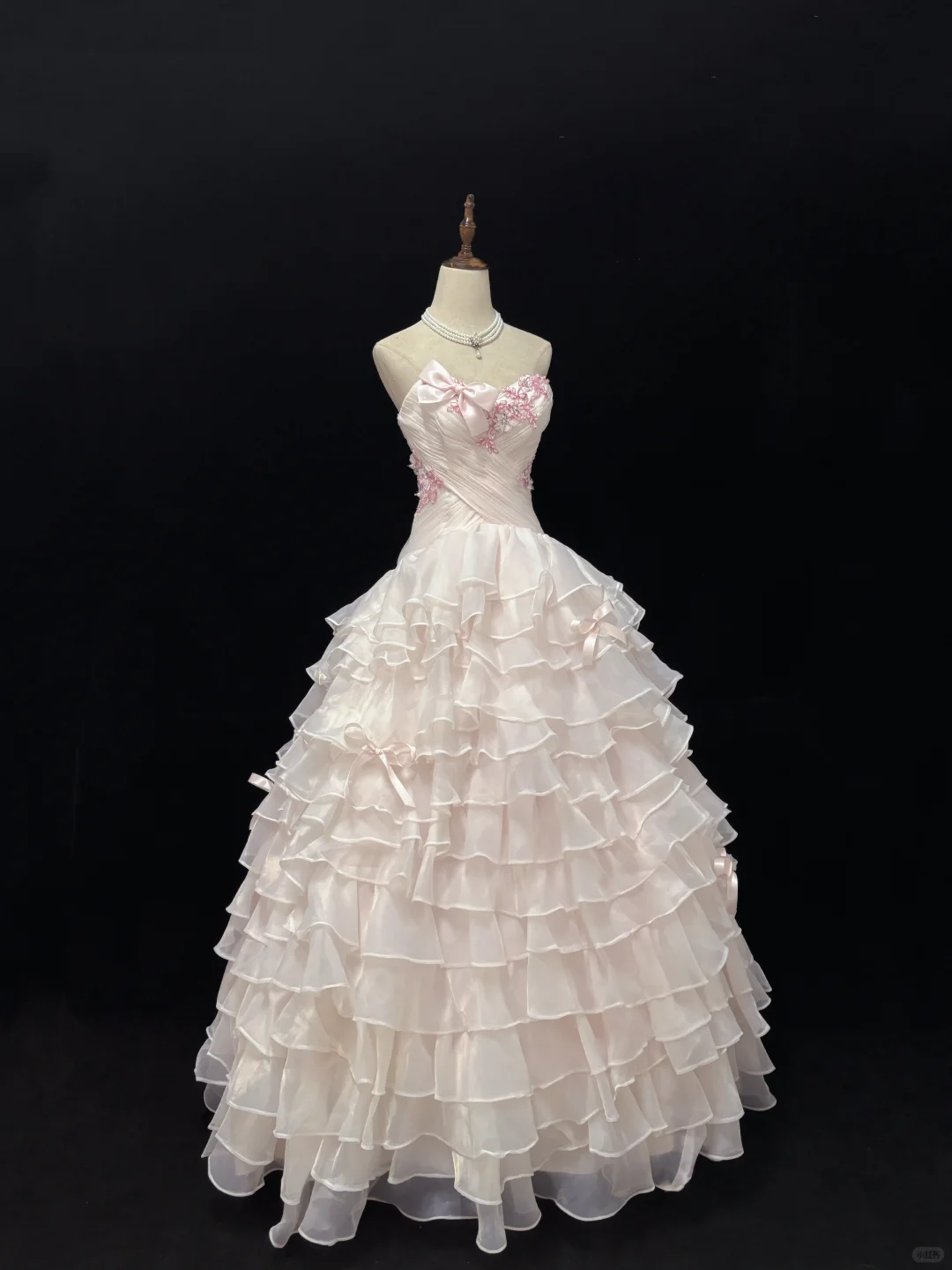 Blush Pink Strapless Cinched Waist Voluminous Tiered Skirt Long Romantic Dress, Wedding Gown gh7974